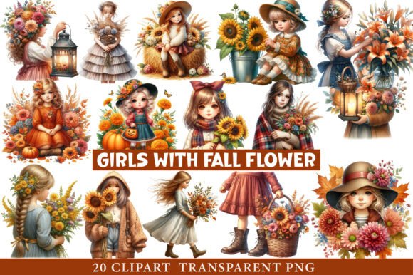 Download Girls with Fall Flower Clipart - Premium Resources